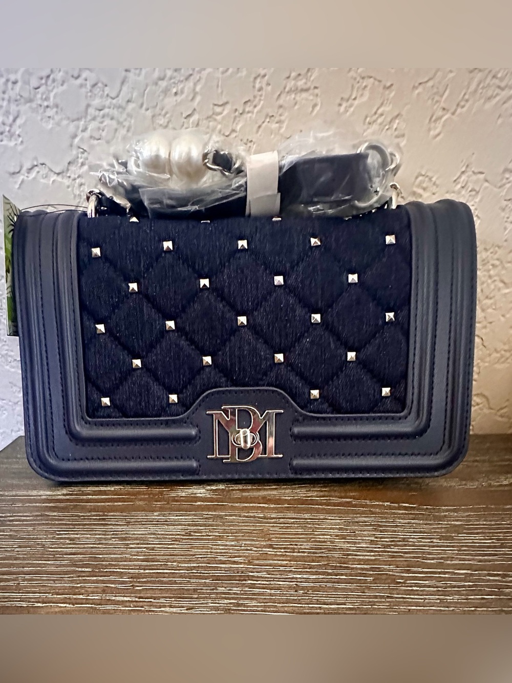NWT Badgley Mischka Denim Diamond Quilted Crossbody Bag